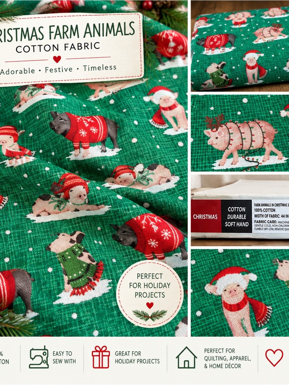 Christmas Farm Animals 100% Cotton Fabric 2.5 continuous yards.